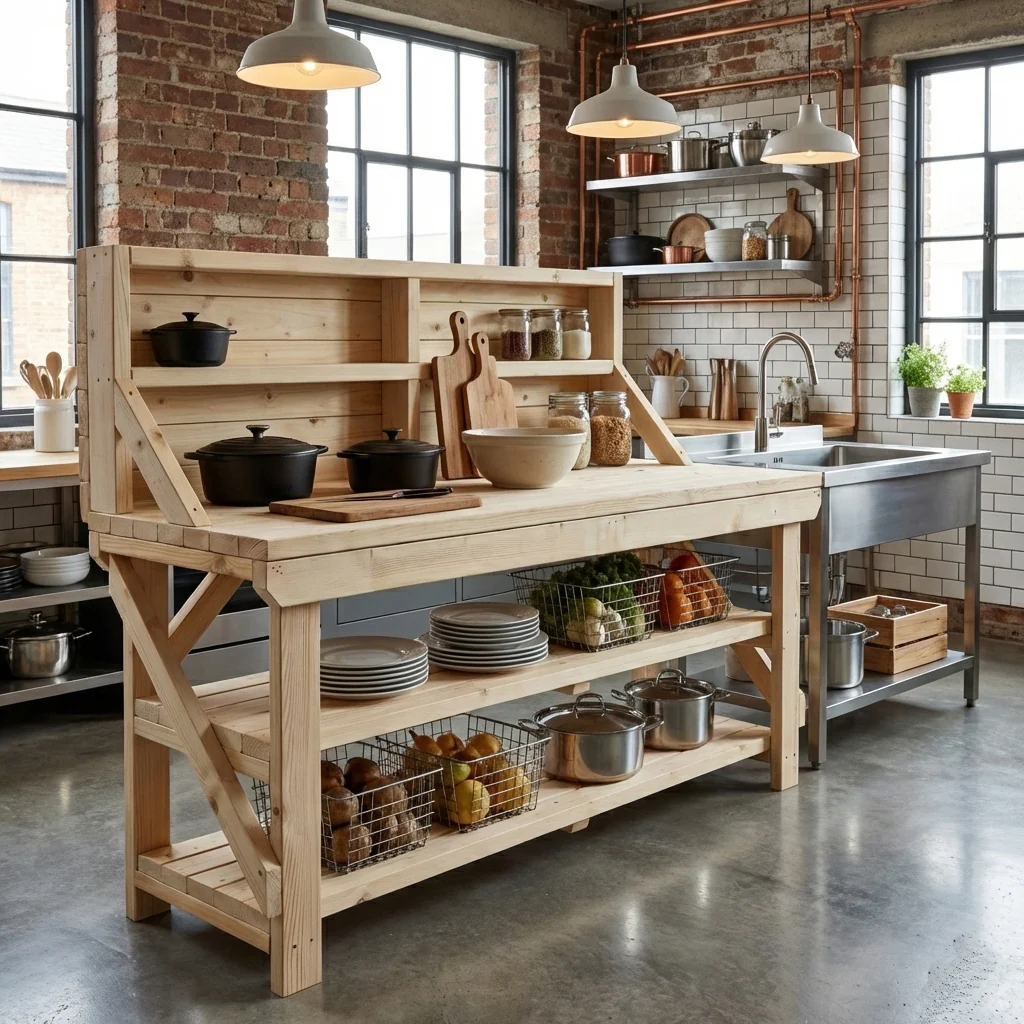 Acorn Wooden Workbench With Back Panel and Double Shelf - Image 4