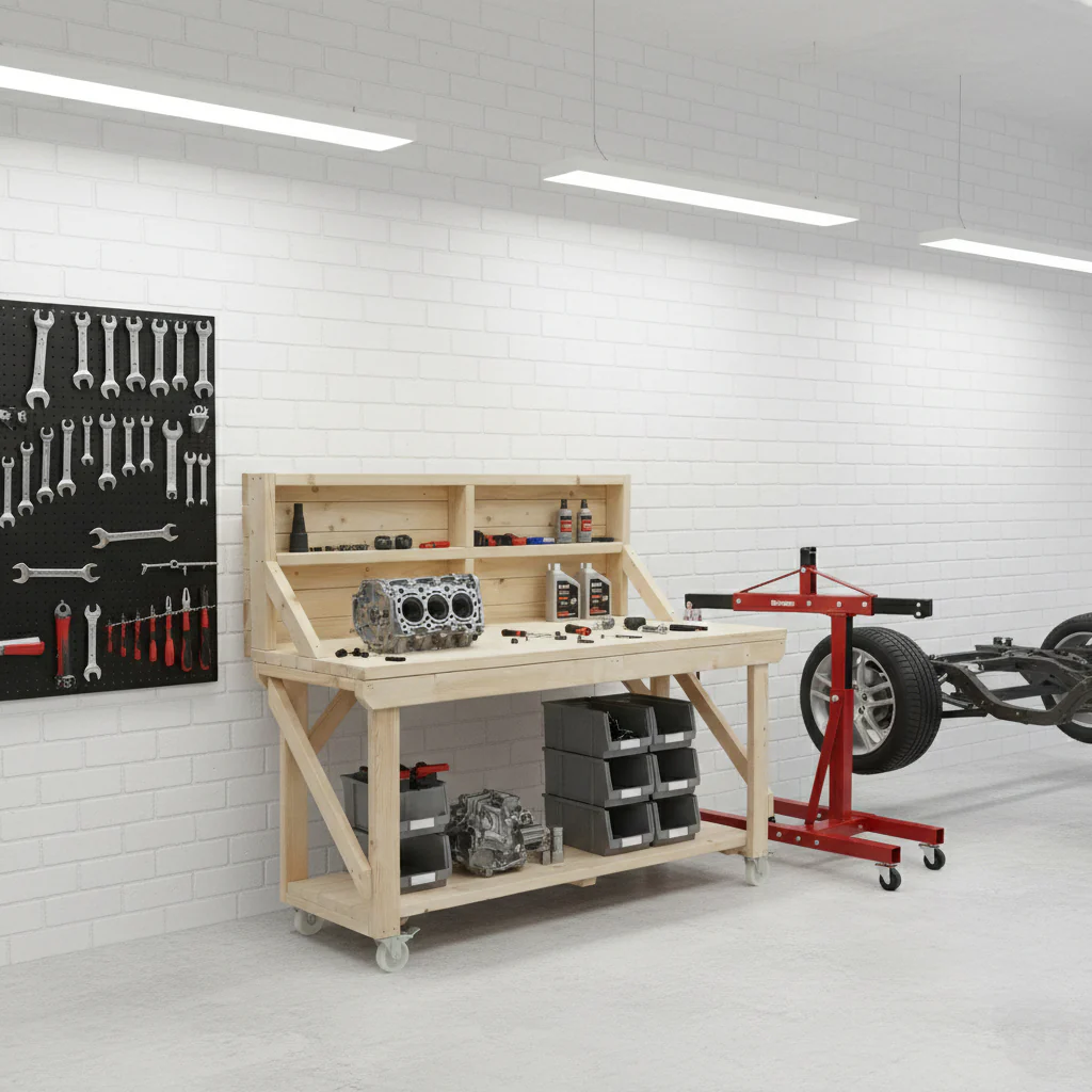 Acorn Wooden Workbench With Back Panel and Wheels - Image 3