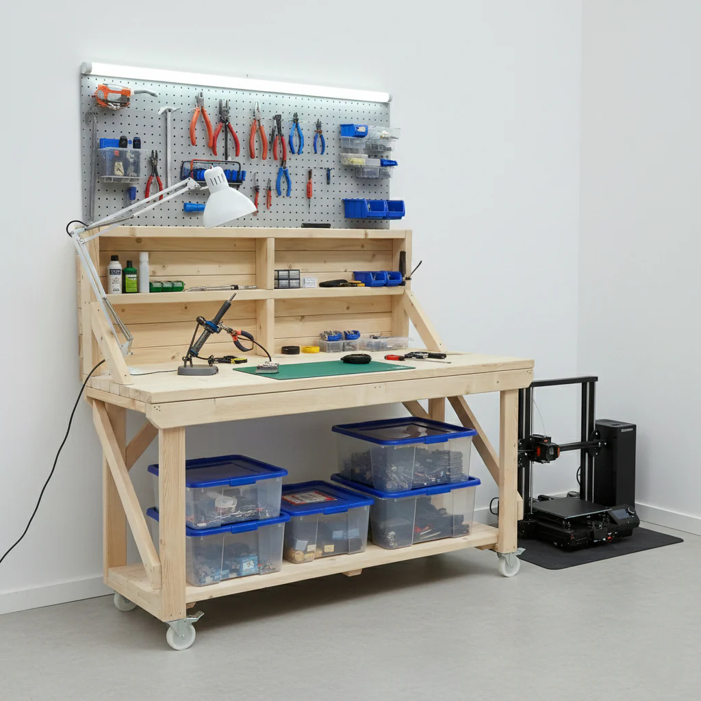 Acorn Wooden Workbench With Back Panel and Wheels - Image 4