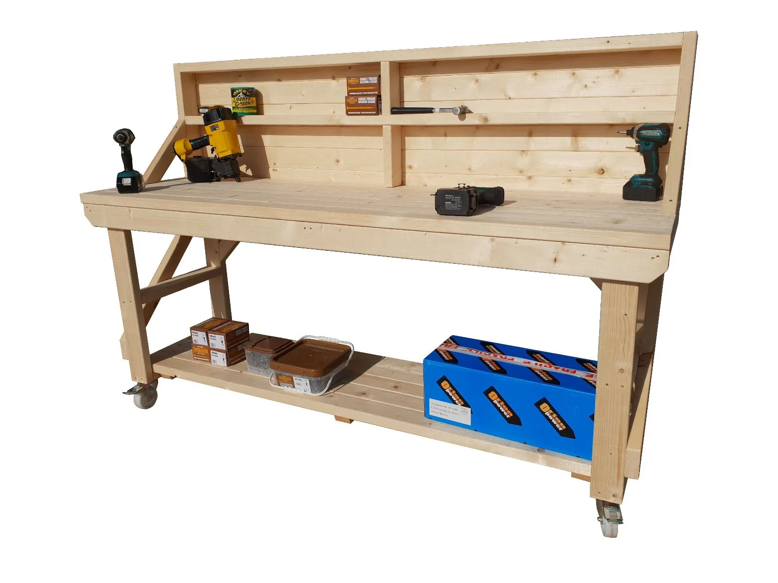Acorn Wooden Workbench With Back Panel and Wheels - Image 7