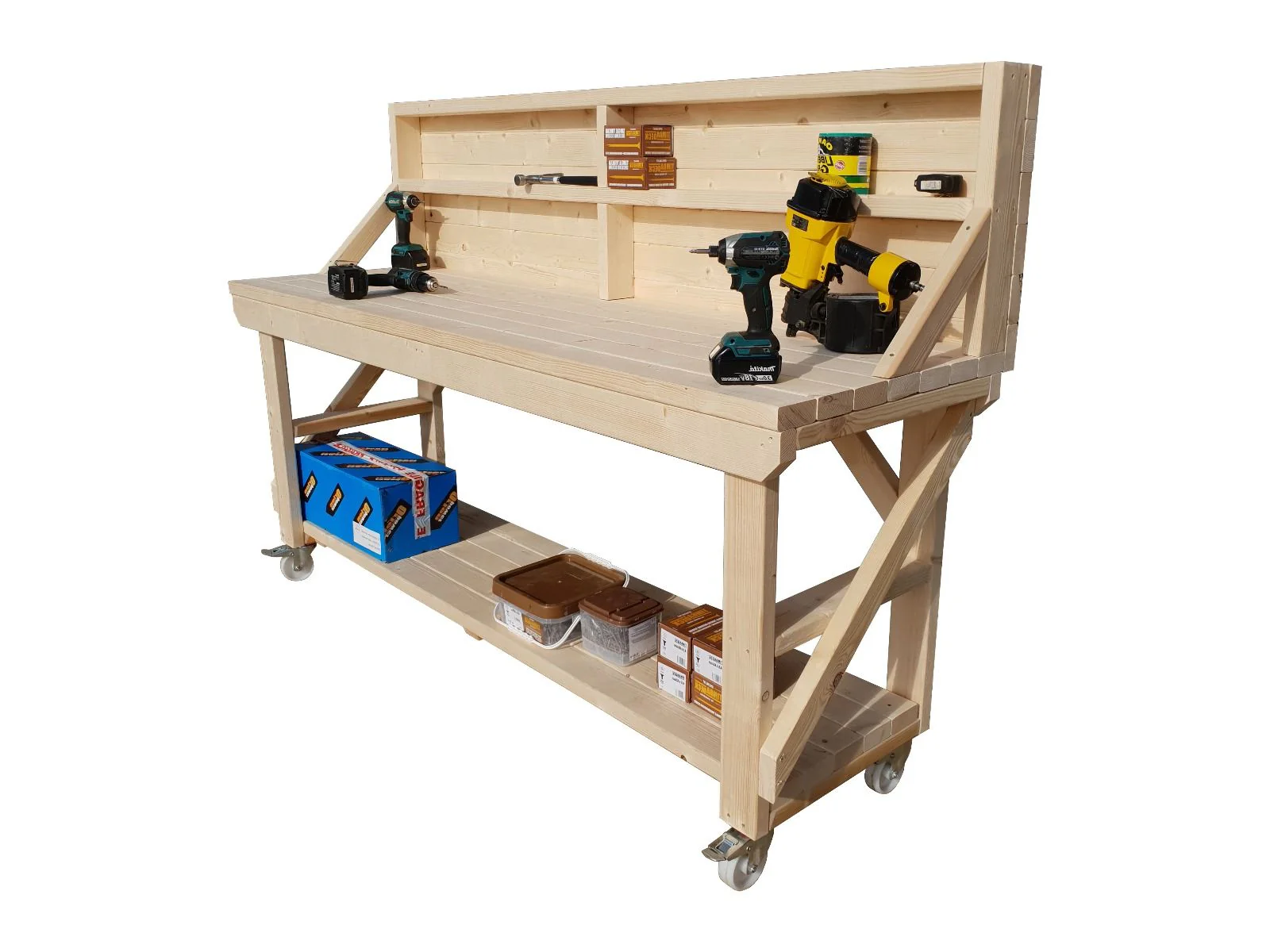 Acorn Wooden Workbench With Back Panel and Wheels - Image 8