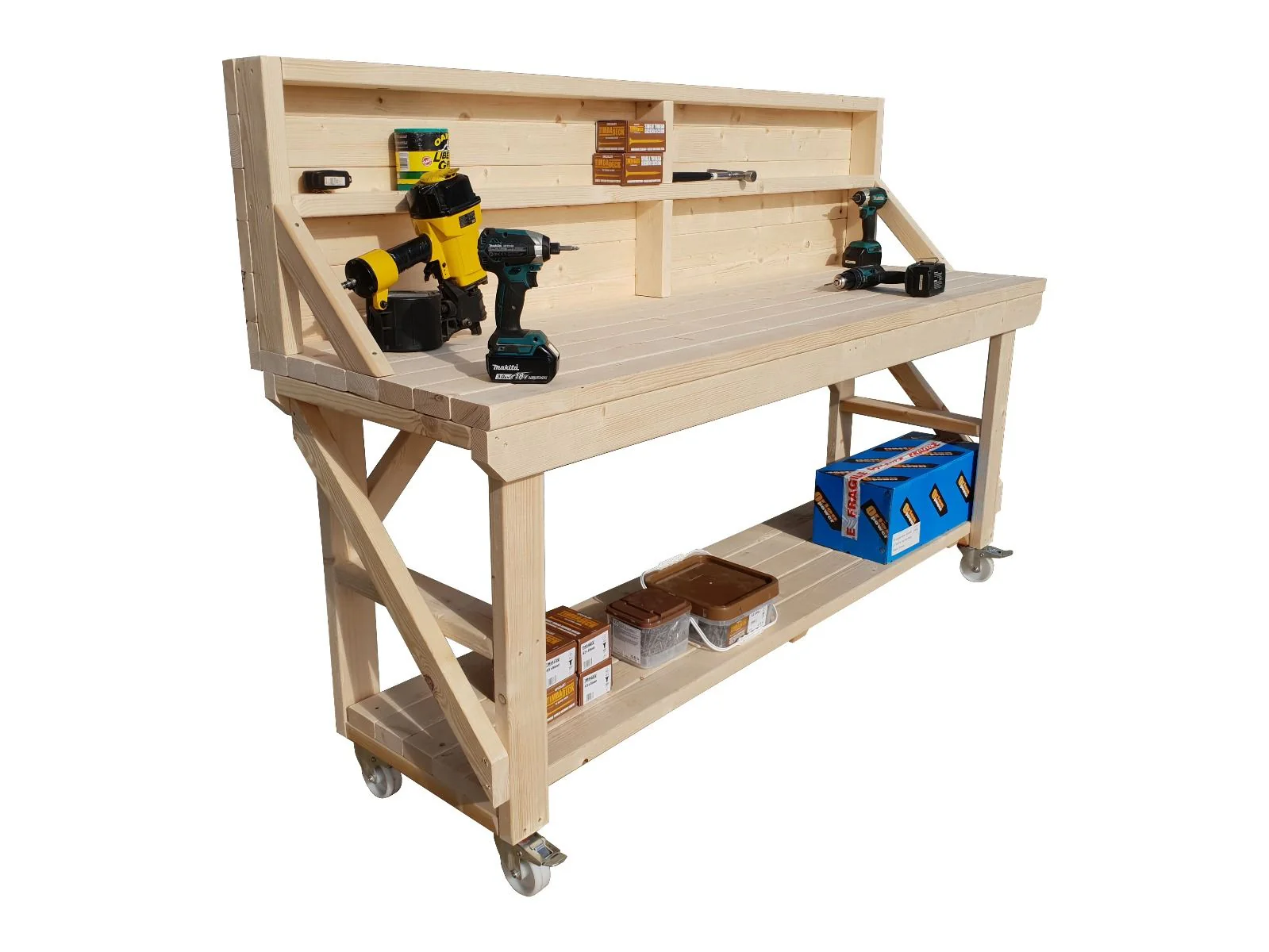 Acorn Wooden Workbench With Back Panel and Wheels - Image 9