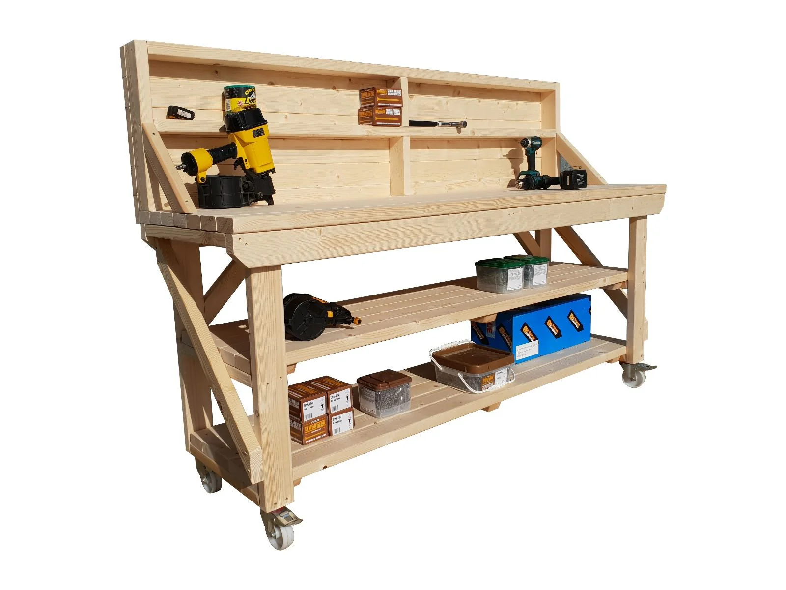 Acorn Wooden Workbench With Back Panel, Double Shelf and Wheels - Image 10