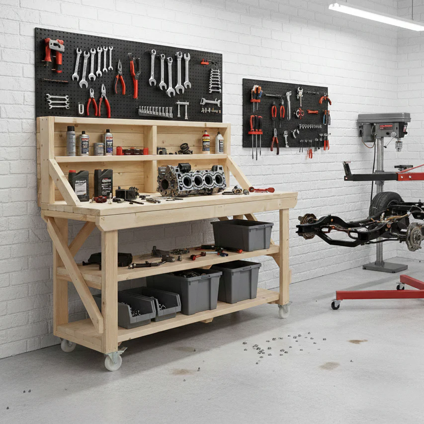 Acorn Wooden Workbench With Back Panel, Double Shelf and Wheels - Image 3