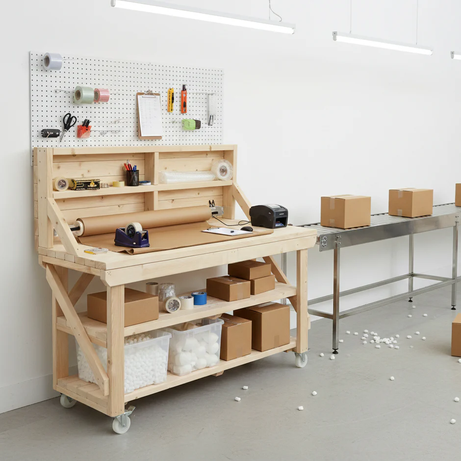 Acorn Wooden Workbench With Back Panel, Double Shelf and Wheels - Image 6