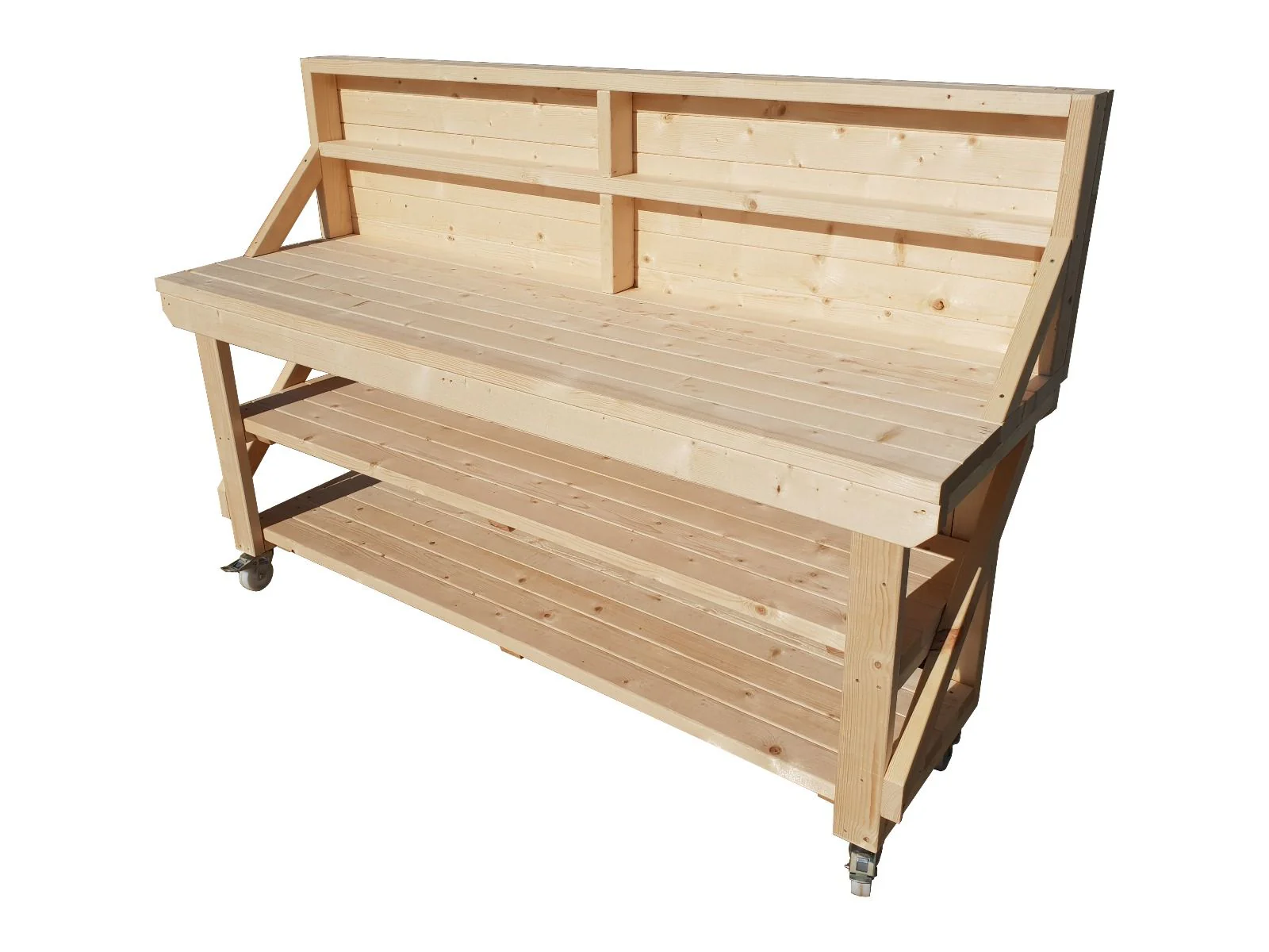 Acorn Wooden Workbench With Back Panel, Double Shelf and Wheels - Image 8