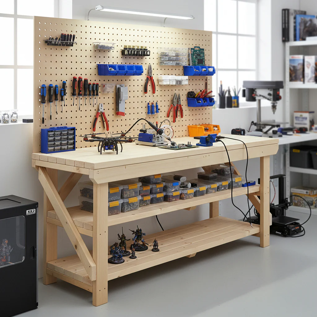 Acorn Wooden Workbench With Double Shelf - Image 4