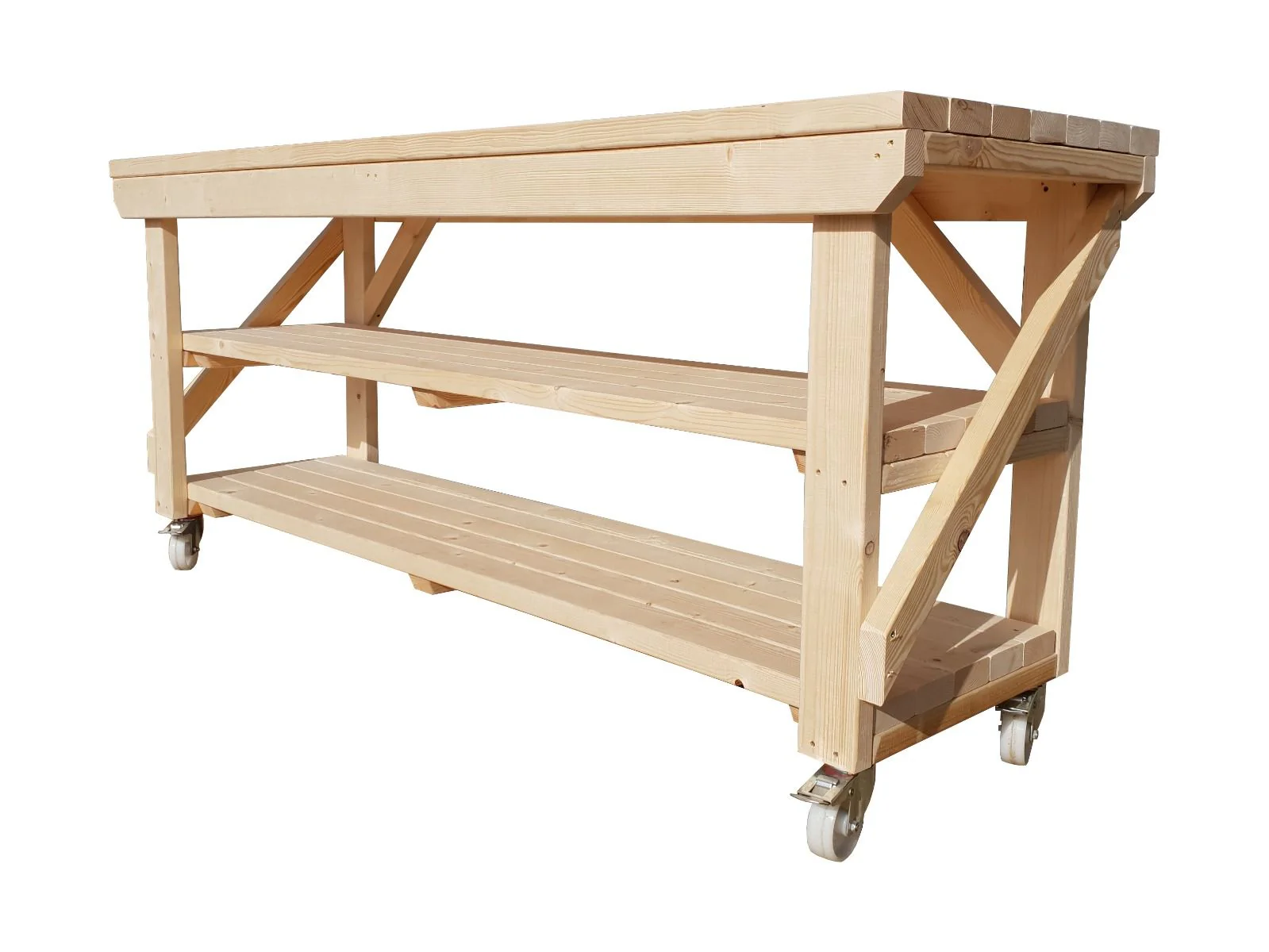 Acorn Wooden Workbench With Double Shelf and Wheels - Image 10