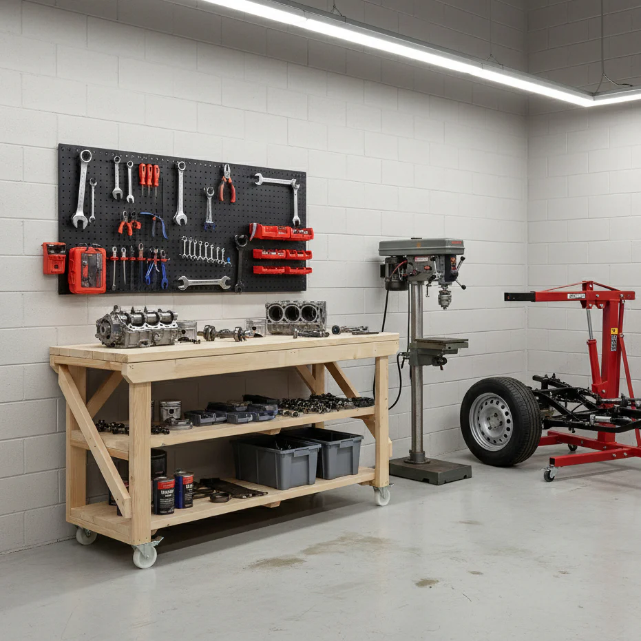 Acorn Wooden Workbench With Double Shelf and Wheels - Image 3
