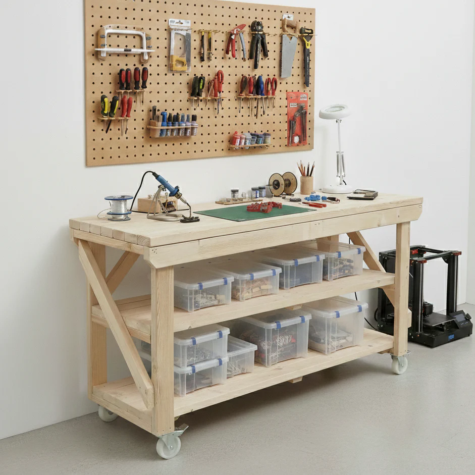 Acorn Wooden Workbench With Double Shelf and Wheels - Image 4