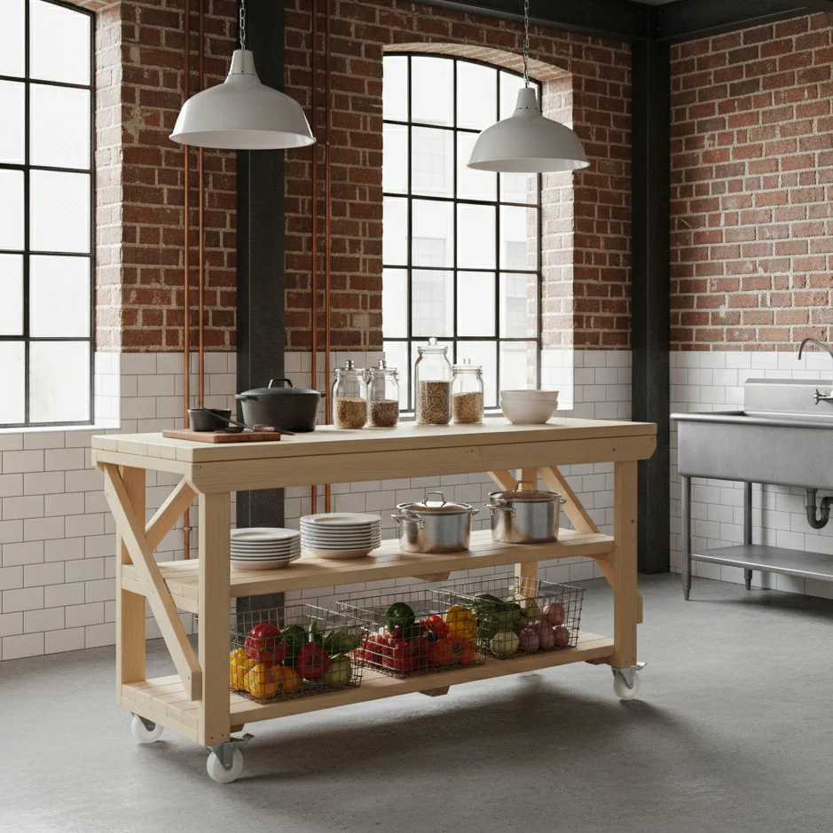 Acorn Wooden Workbench With Double Shelf and Wheels - Image 5