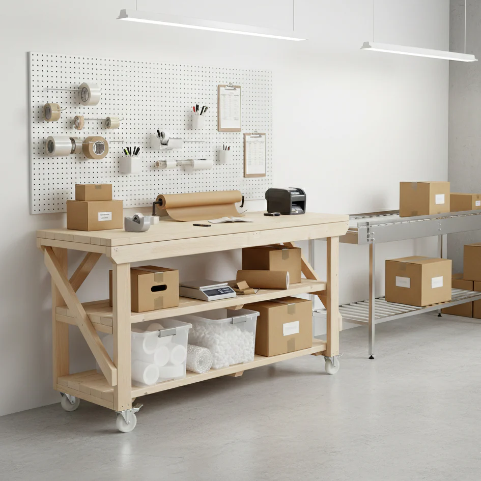 Acorn Wooden Workbench With Double Shelf and Wheels - Image 6