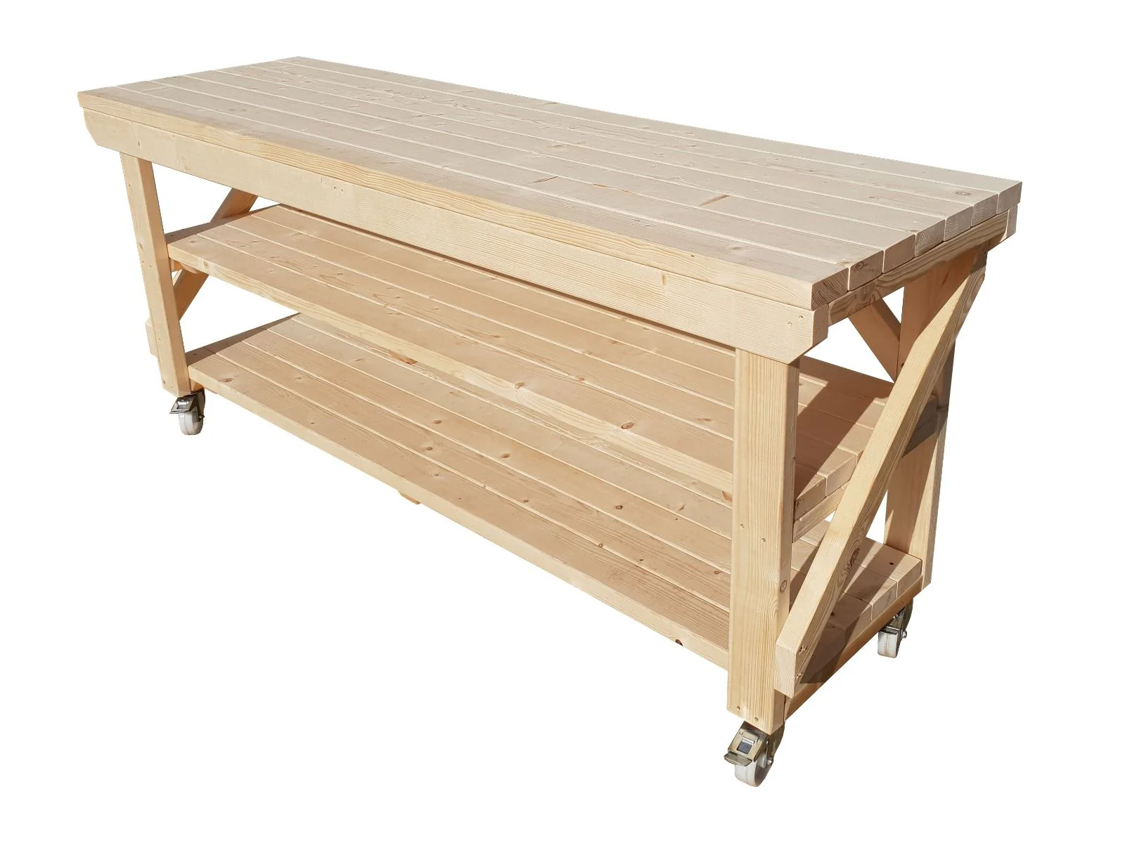 Acorn Wooden Workbench With Double Shelf and Wheels - Image 8