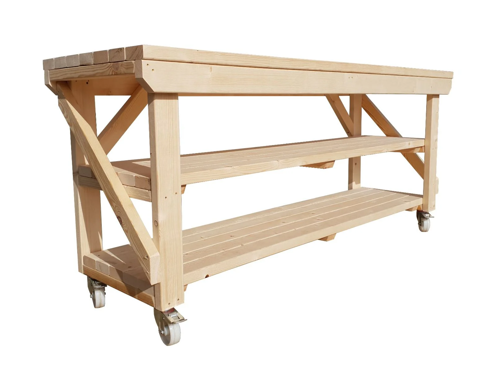 Acorn Wooden Workbench With Double Shelf and Wheels - Image 9