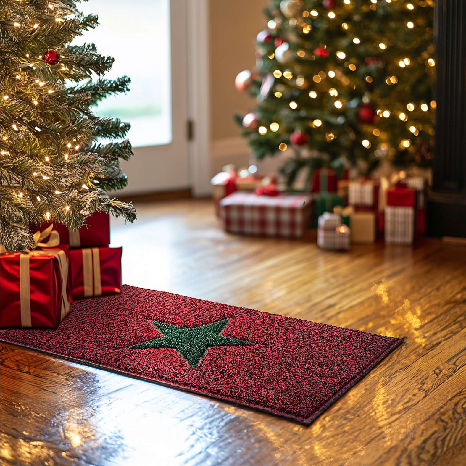 Christmas Star PVC Spaghetti Doormat - Red & Green Design - Image 5