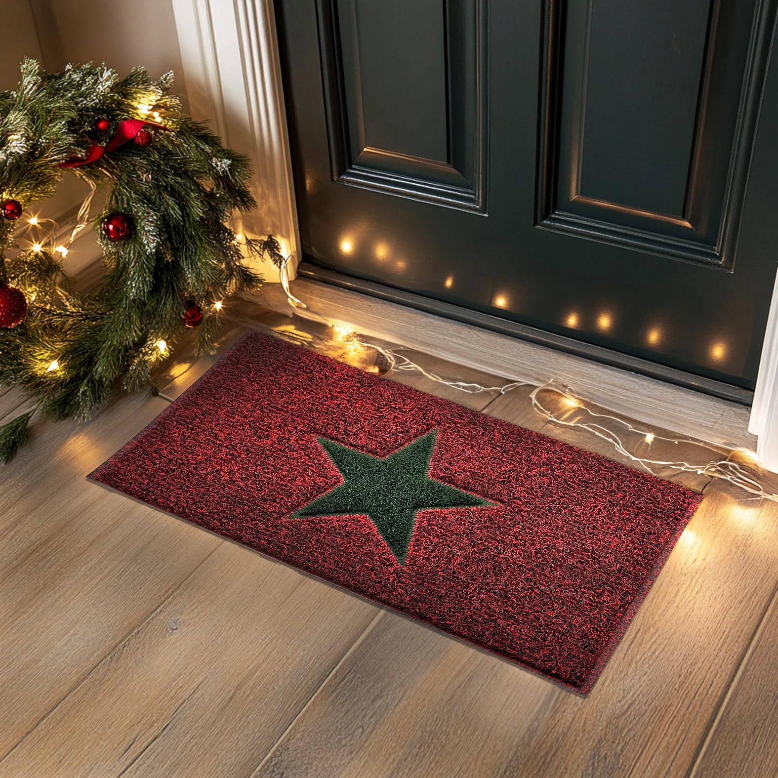 Christmas Star PVC Spaghetti Doormat - Red & Green Design - Image 6