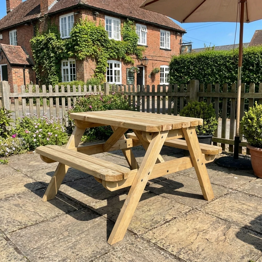 Classic Rounded Pub Style Picnic Bench and Table - Rustic Finish - Image 3