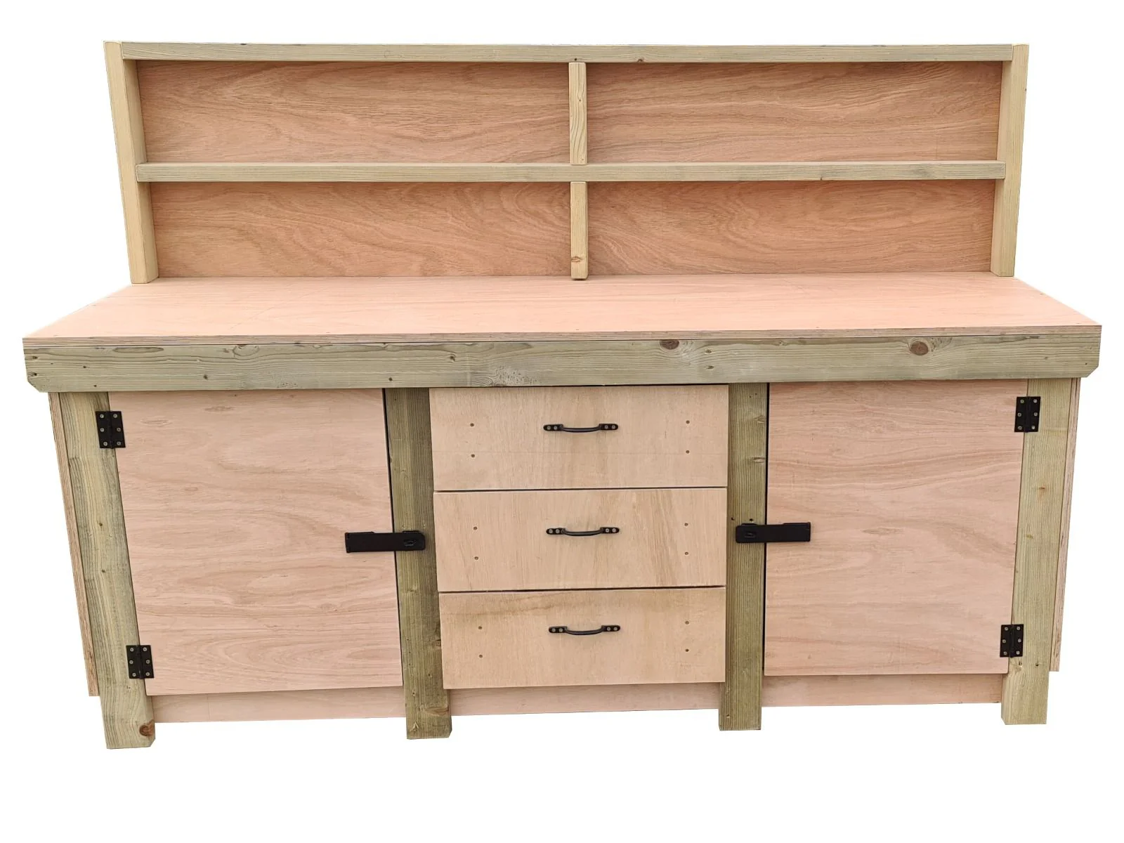 Eucalyptus top workbench with drawers and double lockable cupboard (V.8) with back panel & double shelf