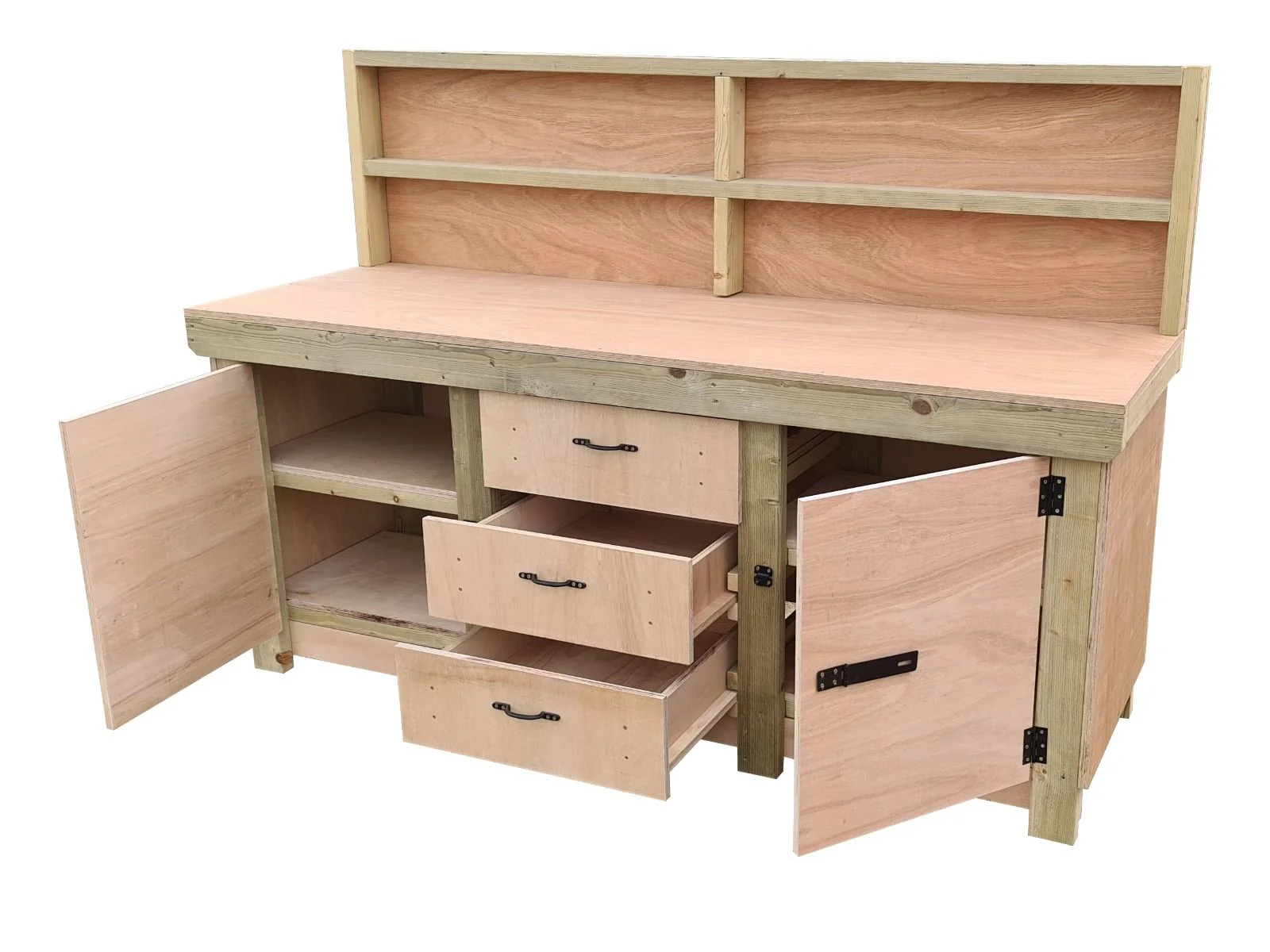 Eucalyptus top workbench with drawers and double lockable cupboard (V.8) with back panel & double shelf - Image 3