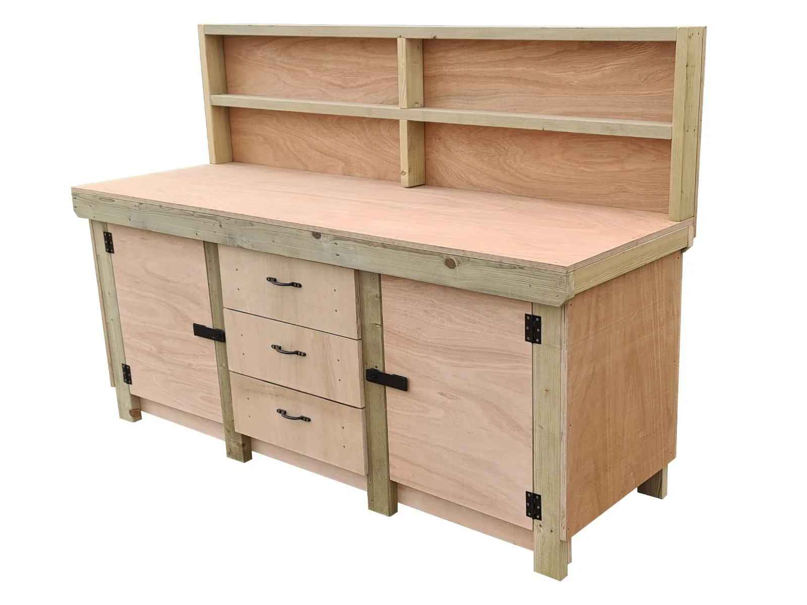 Eucalyptus top workbench with drawers and double lockable cupboard (V.8) with back panel & double shelf - Image 4