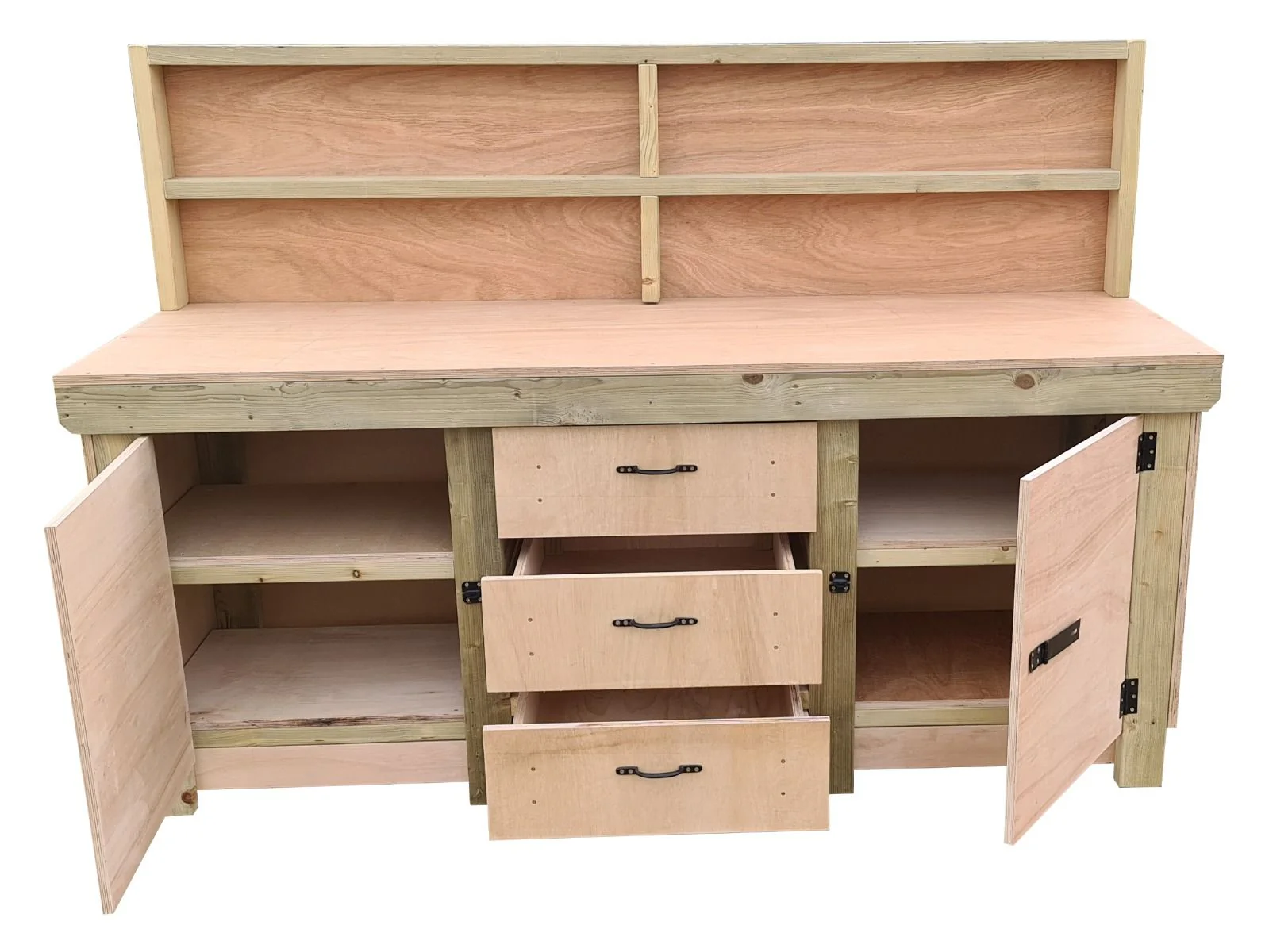 Eucalyptus top workbench with drawers and double lockable cupboard (V.8) with back panel & double shelf - Image 5