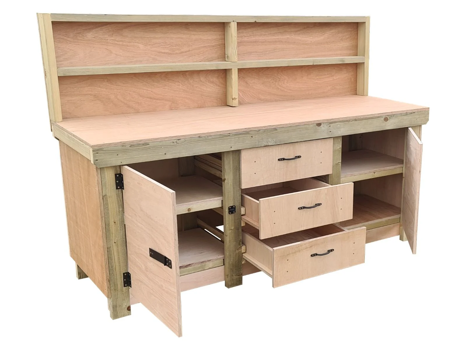 Eucalyptus top workbench with drawers and double lockable cupboard (V.8) with back panel & double shelf - Image 7