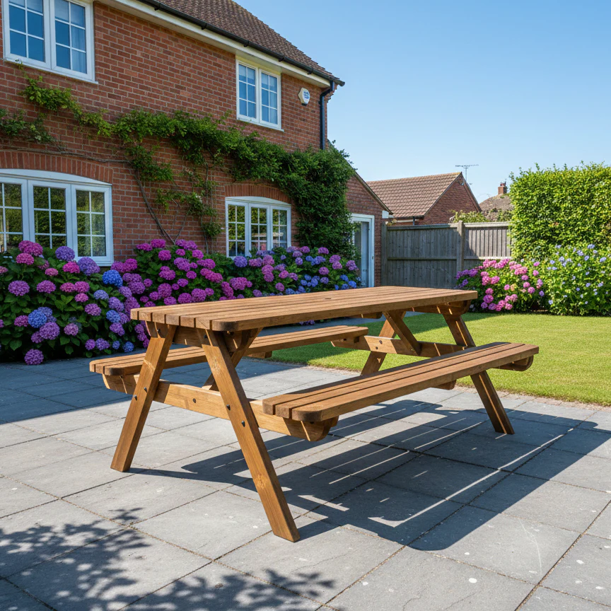Fortem Rounded Pub Style Picnic Table Benches Set - Rustic Finish - Image 5