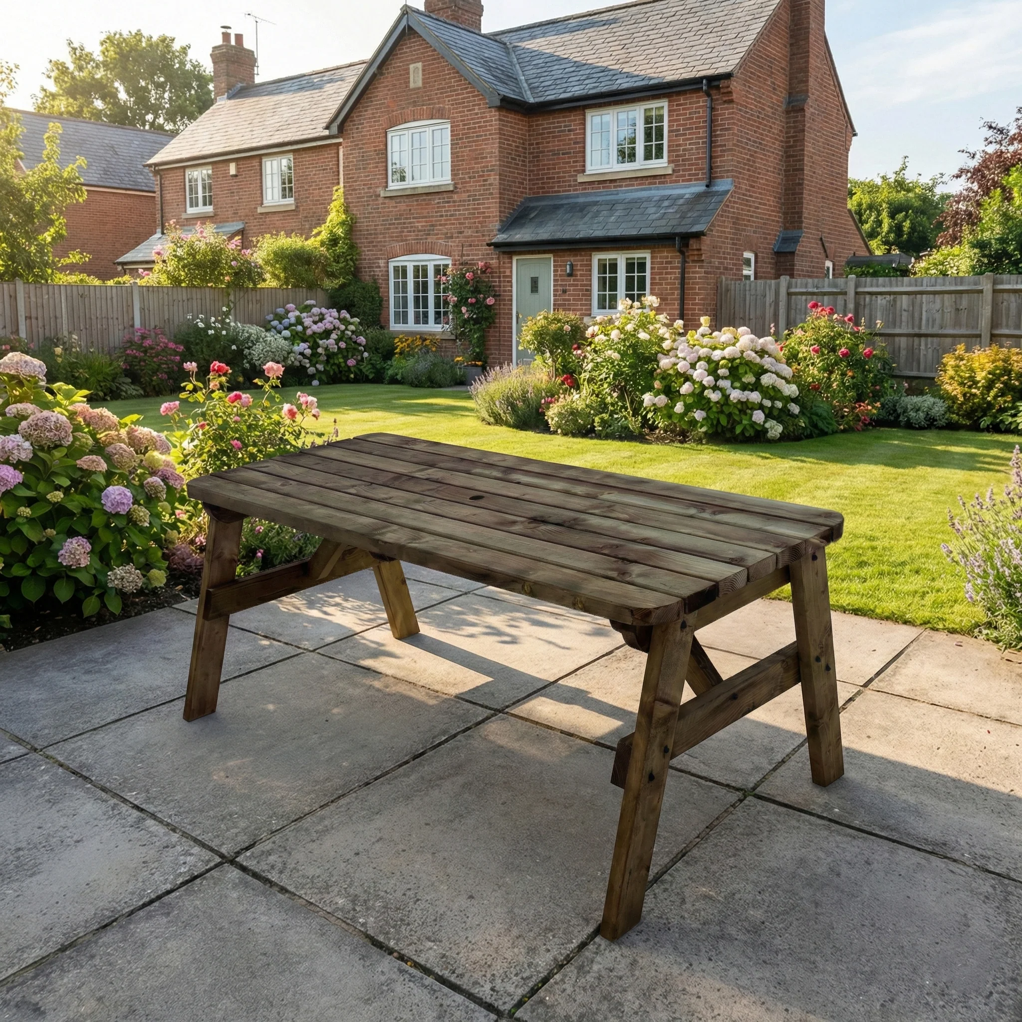 Victoria Rounded Wooden Garden Table, Outdoor Picnic Dining Desk - Rustic Finish - Image 3
