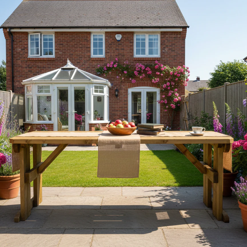 Hollies Rounded Wooden Garden Table, Outdoor Picnic Dining Desk - Rustic Finish - Image 3