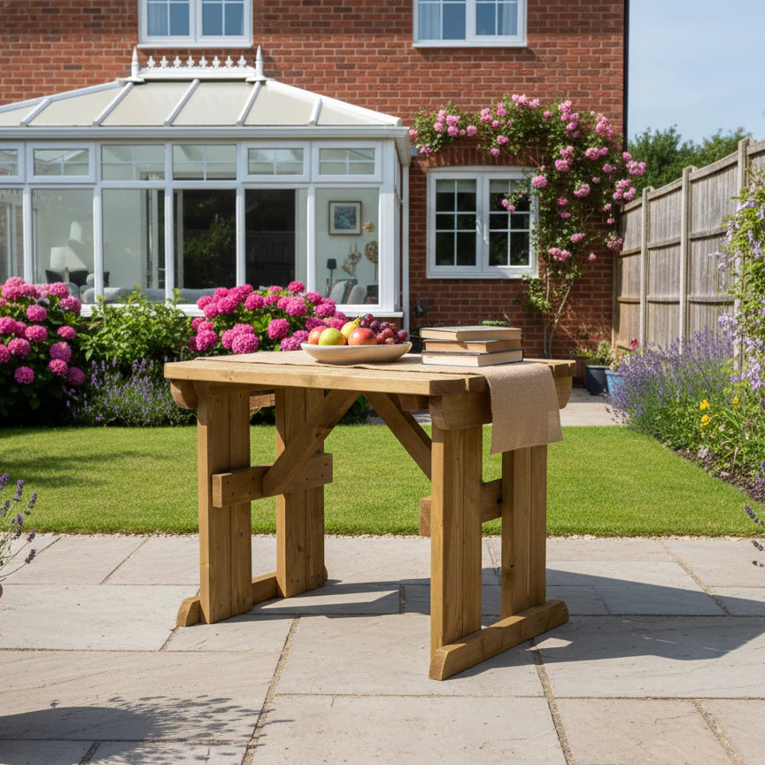 Hollies Rounded Wooden Garden Table, Outdoor Picnic Dining Desk - Rustic Finish - Image 4