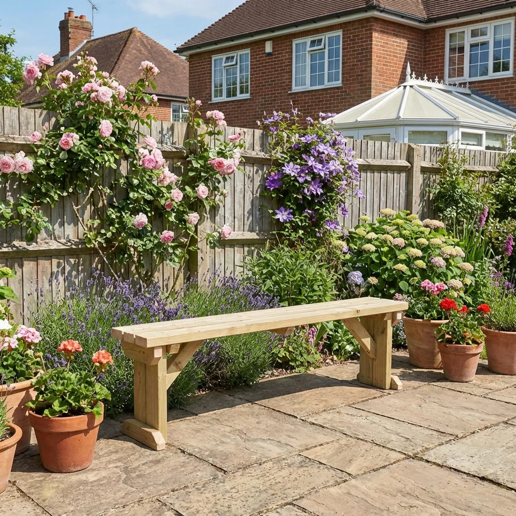 Hollies Wooden Garden Bench, Outdoor Fence Seat - Image 5