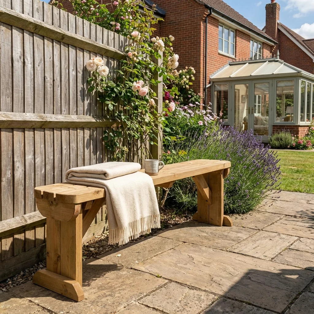 Hollies Wooden Garden Rounded Bench, Outdoor Fence Seat - Rustic Finish - Image 3