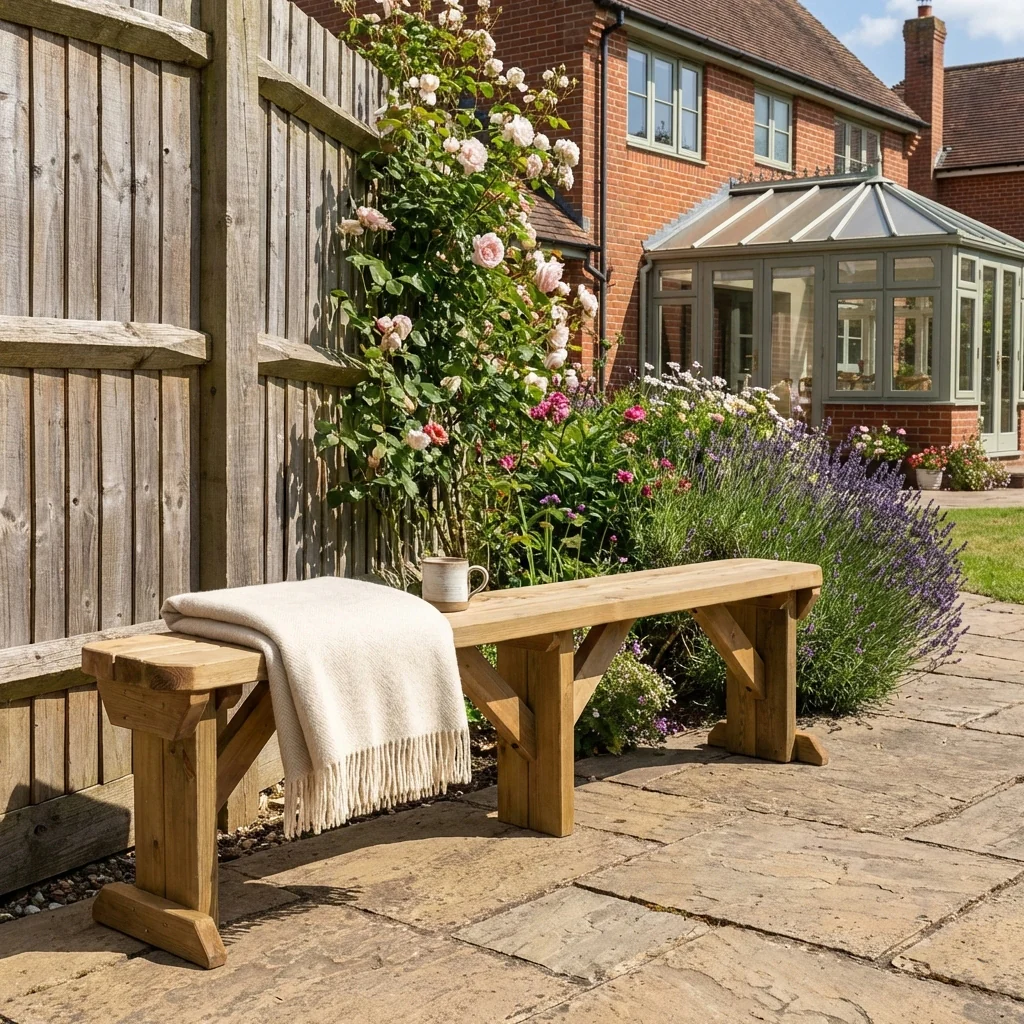 Hollies Wooden Garden Rounded Bench, Outdoor Fence Seat - Rustic Finish - Image 4