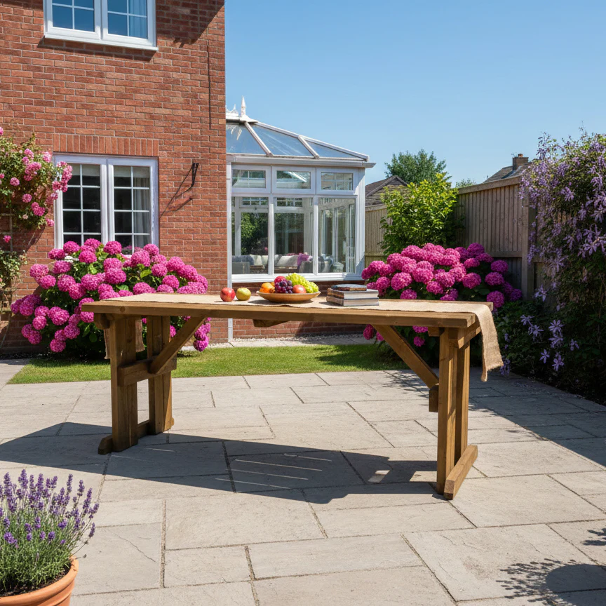 Hollies Wooden Garden Table, Outdoor Picnic Dining Desk - Rustic Finish - Image 3