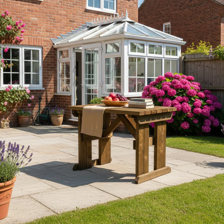 Hollies Wooden Garden Table, Outdoor Picnic Dining Desk - Rustic Finish - Image 4