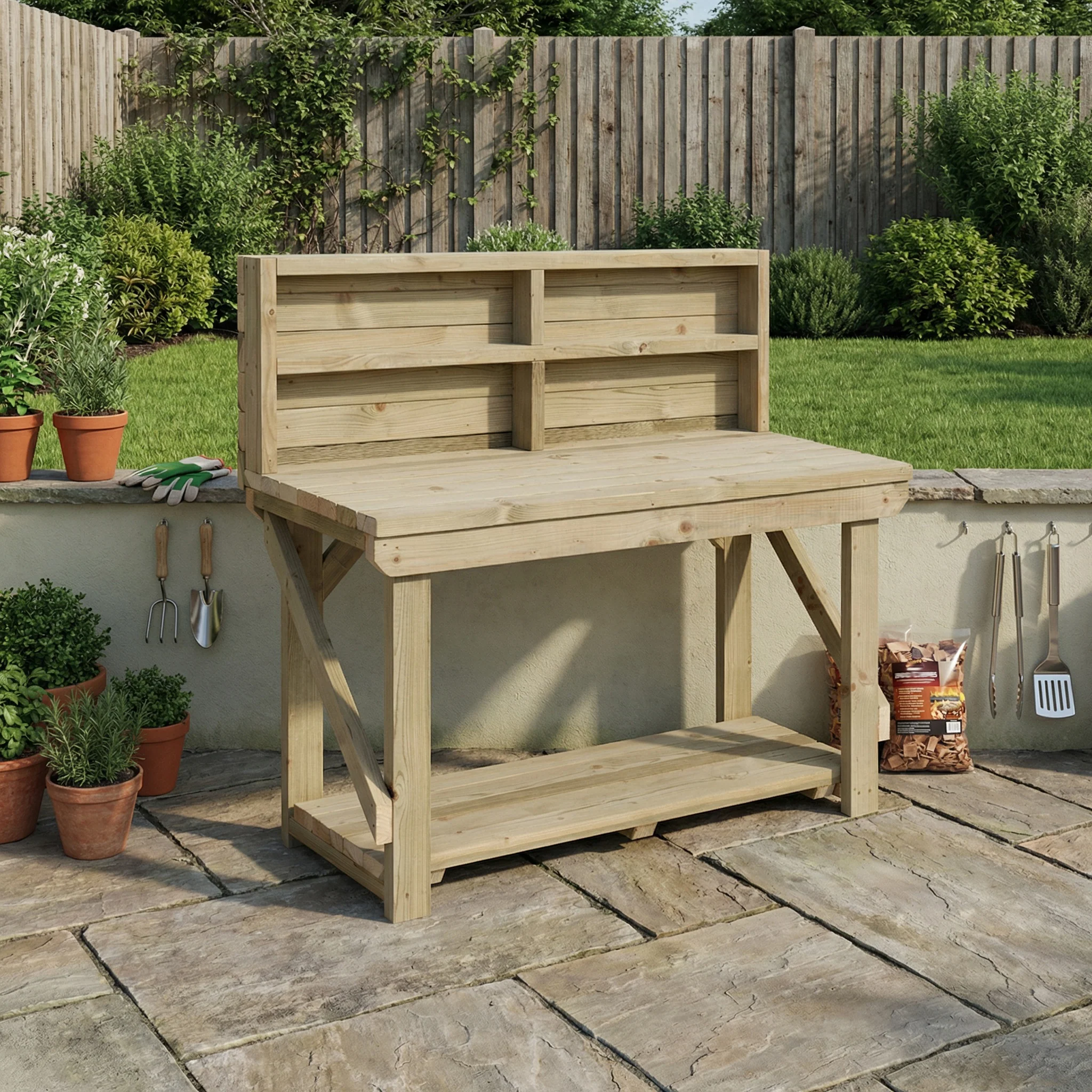 Indoor/outdoor workbench, pressure treated bench with back panel - Image 4