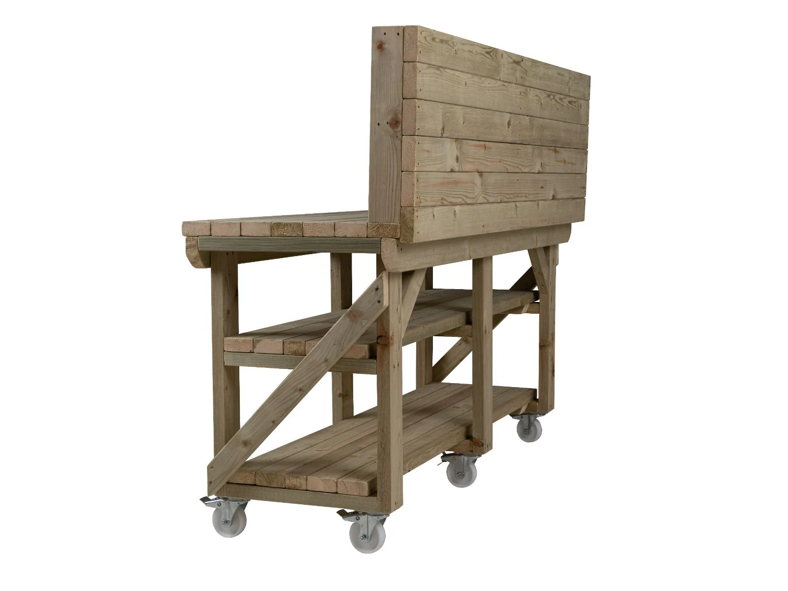 Indoor/outdoor workbench, pressure treated bench with back panel, double shelf and wheels - Image 10