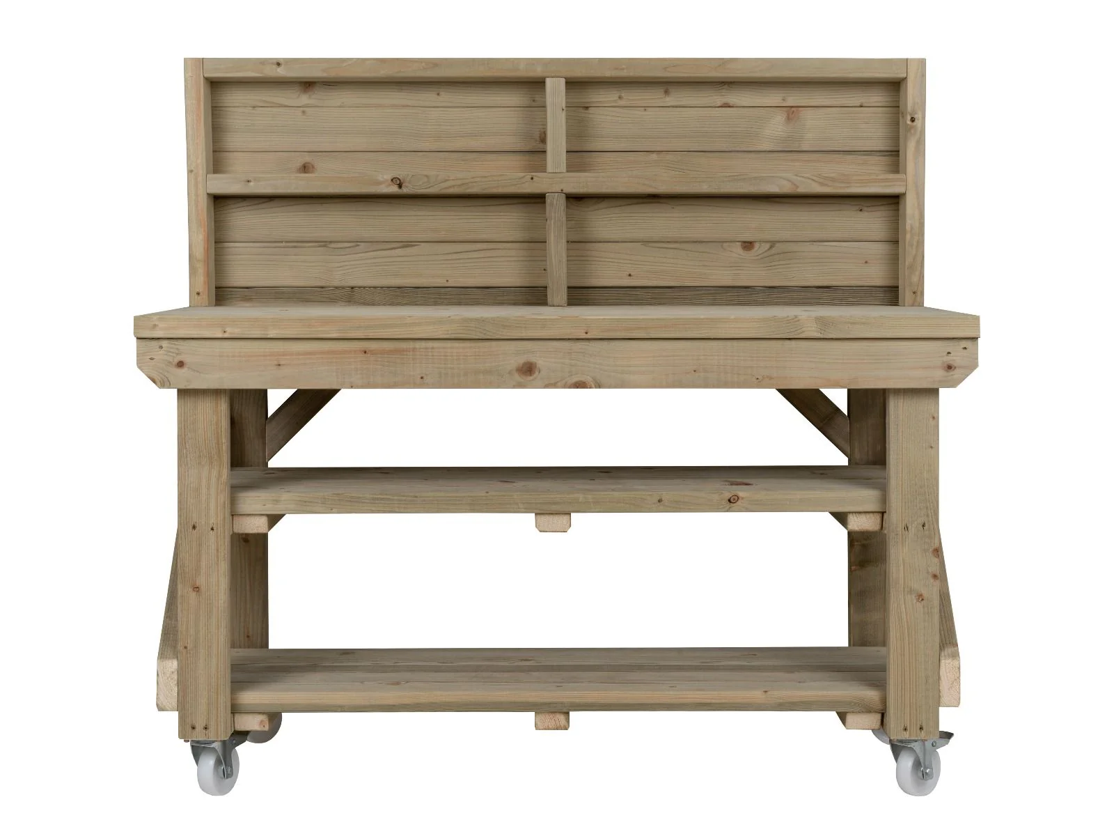 Indoor/outdoor workbench, pressure treated bench with back panel, double shelf and wheels - Image 11