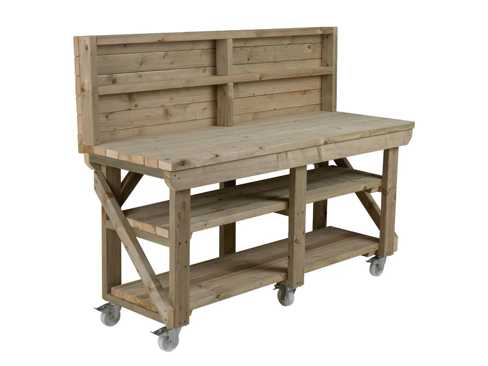 Indoor/outdoor workbench, pressure treated bench with back panel, double shelf and wheels - Image 12