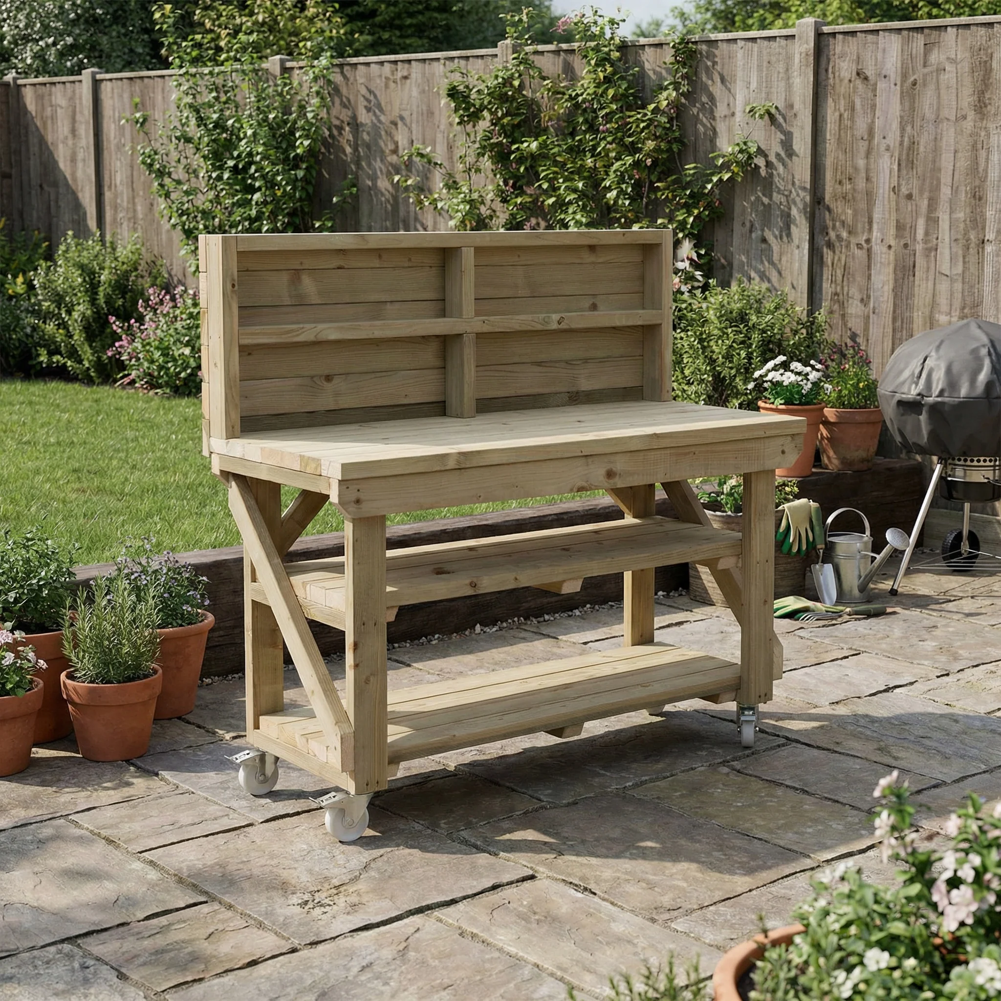 Indoor/outdoor workbench, pressure treated bench with back panel, double shelf and wheels - Image 3
