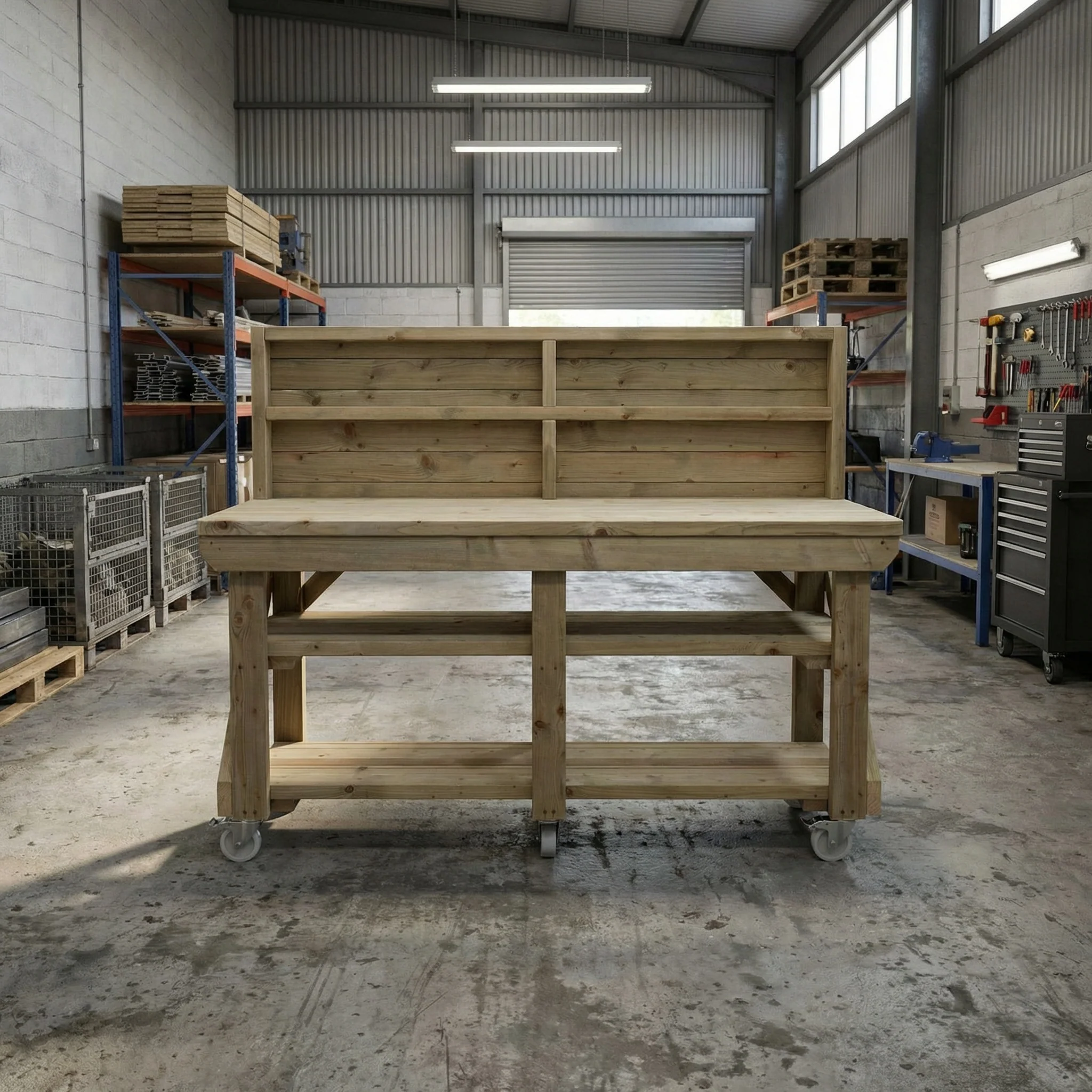 Indoor/outdoor workbench, pressure treated bench with back panel, double shelf and wheels - Image 4