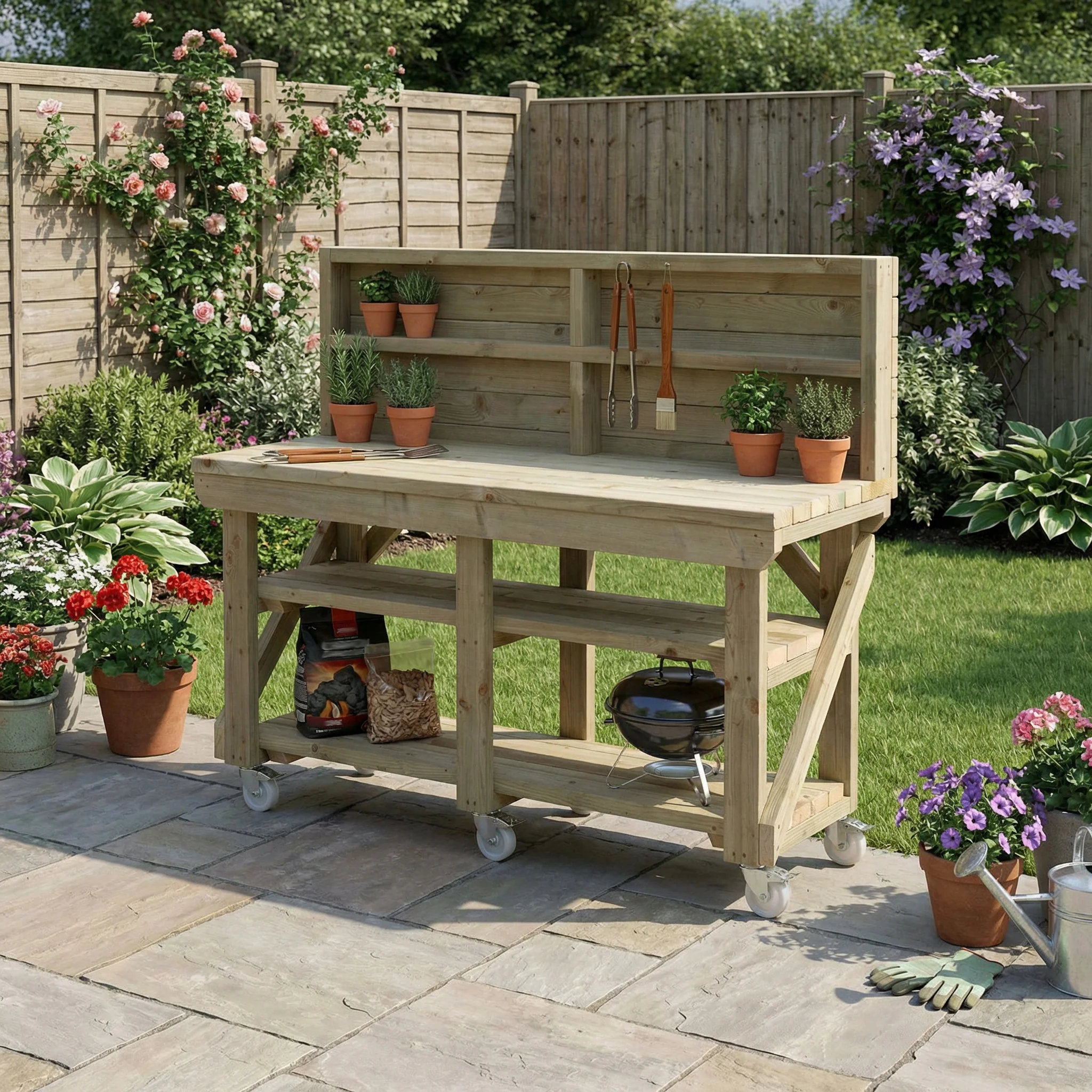 Indoor/outdoor workbench, pressure treated bench with back panel, double shelf and wheels - Image 5