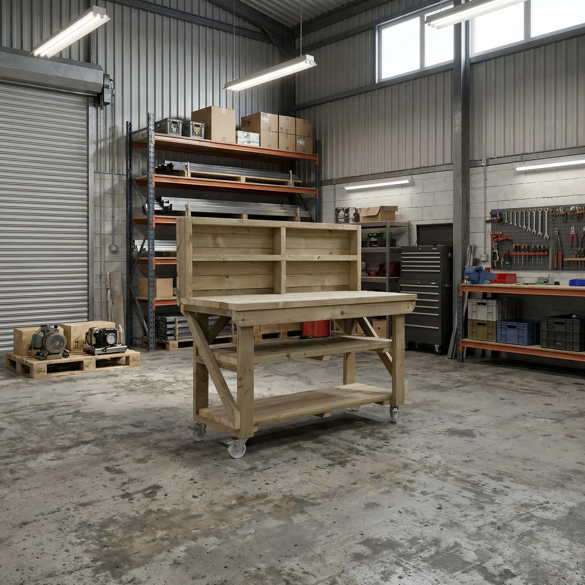 Indoor/outdoor workbench, pressure treated bench with back panel, double shelf and wheels - Image 6