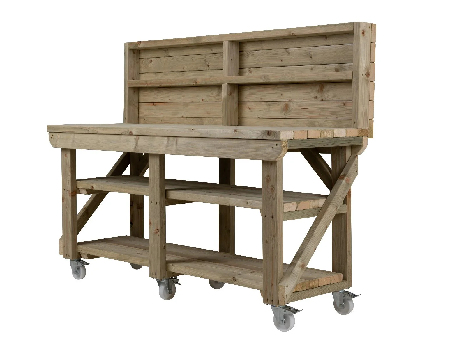 Indoor/outdoor workbench, pressure treated bench with back panel, double shelf and wheels - Image 7