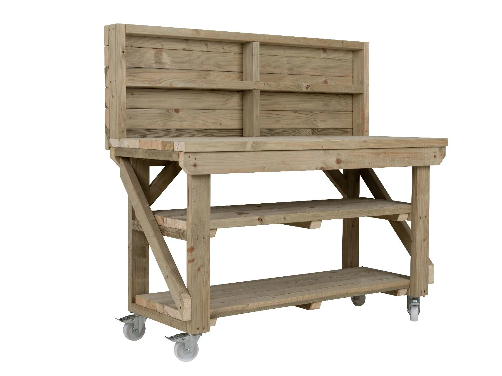 Indoor/outdoor workbench, pressure treated bench with back panel, double shelf and wheels - Image 8