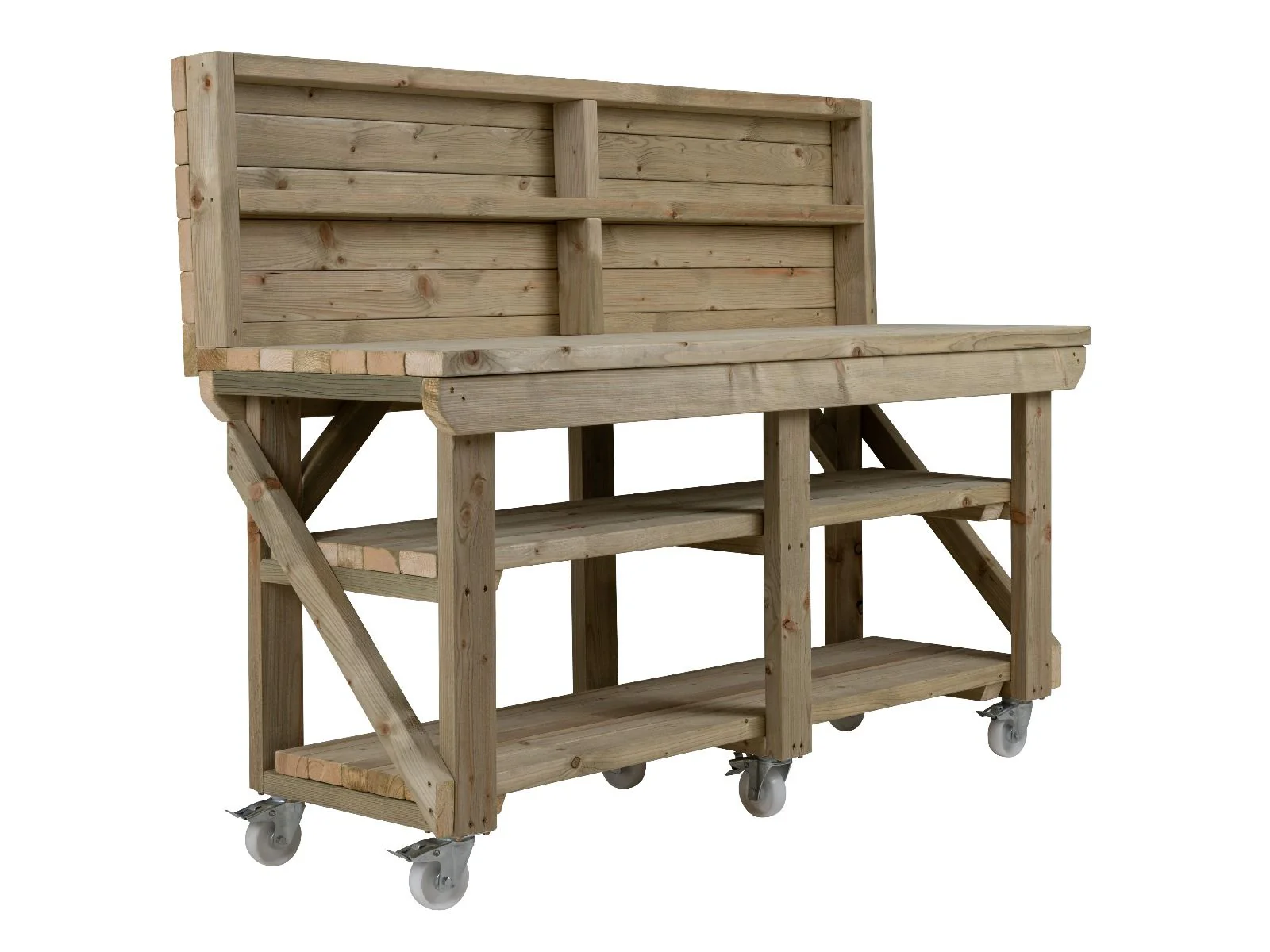 Indoor/outdoor workbench, pressure treated bench with back panel, double shelf and wheels - Image 9