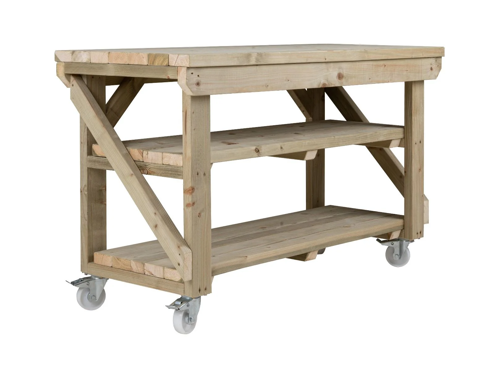 Indoor/outdoor workbench, pressure treated bench with double shelf and wheels - Image 10