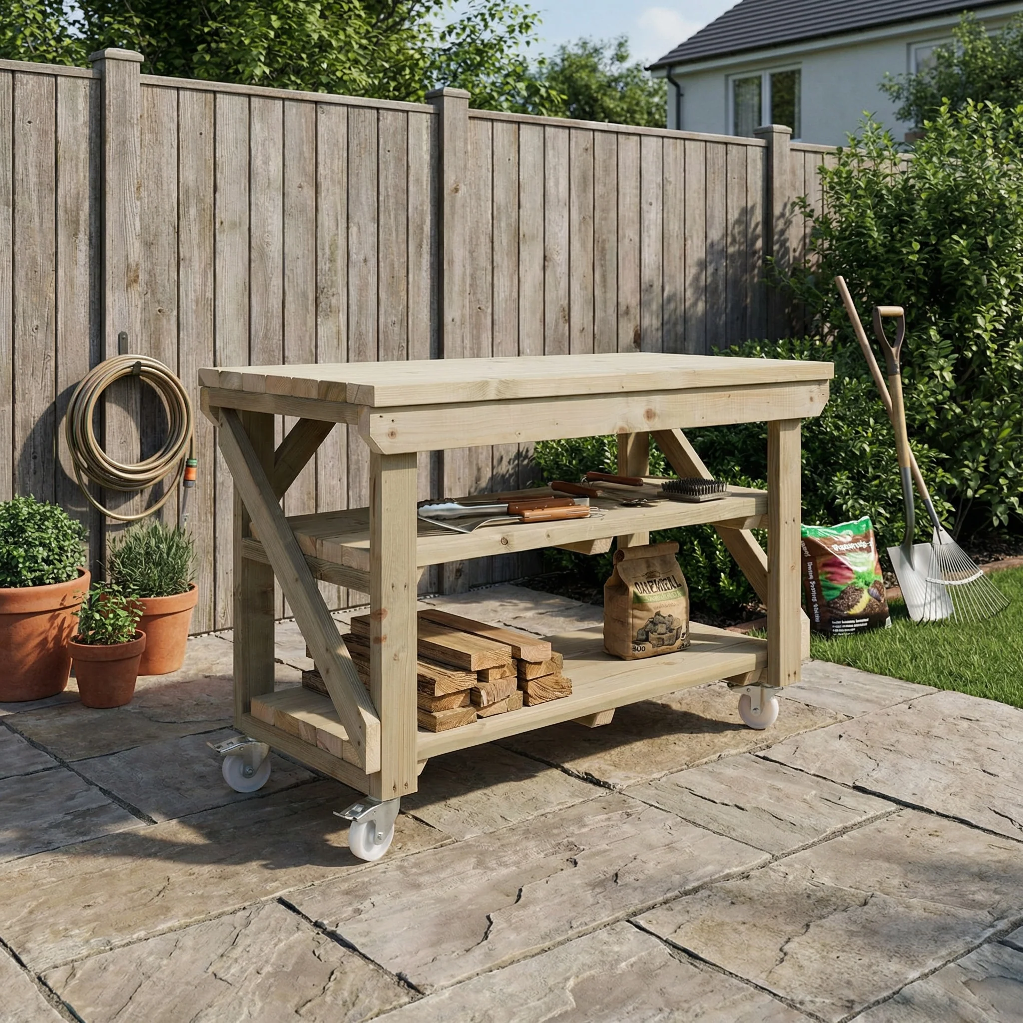 Indoor/outdoor workbench, pressure treated bench with double shelf and wheels - Image 3