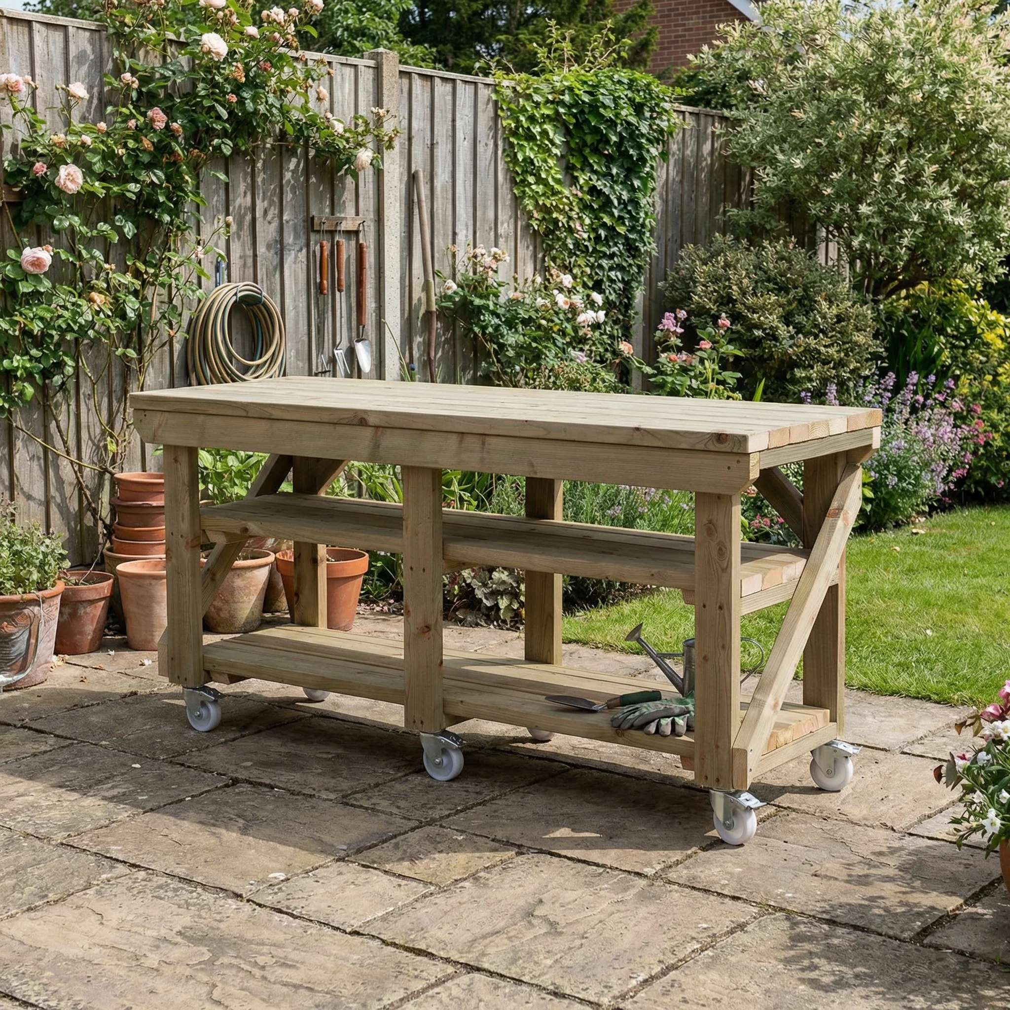Indoor/outdoor workbench, pressure treated bench with double shelf and wheels - Image 4