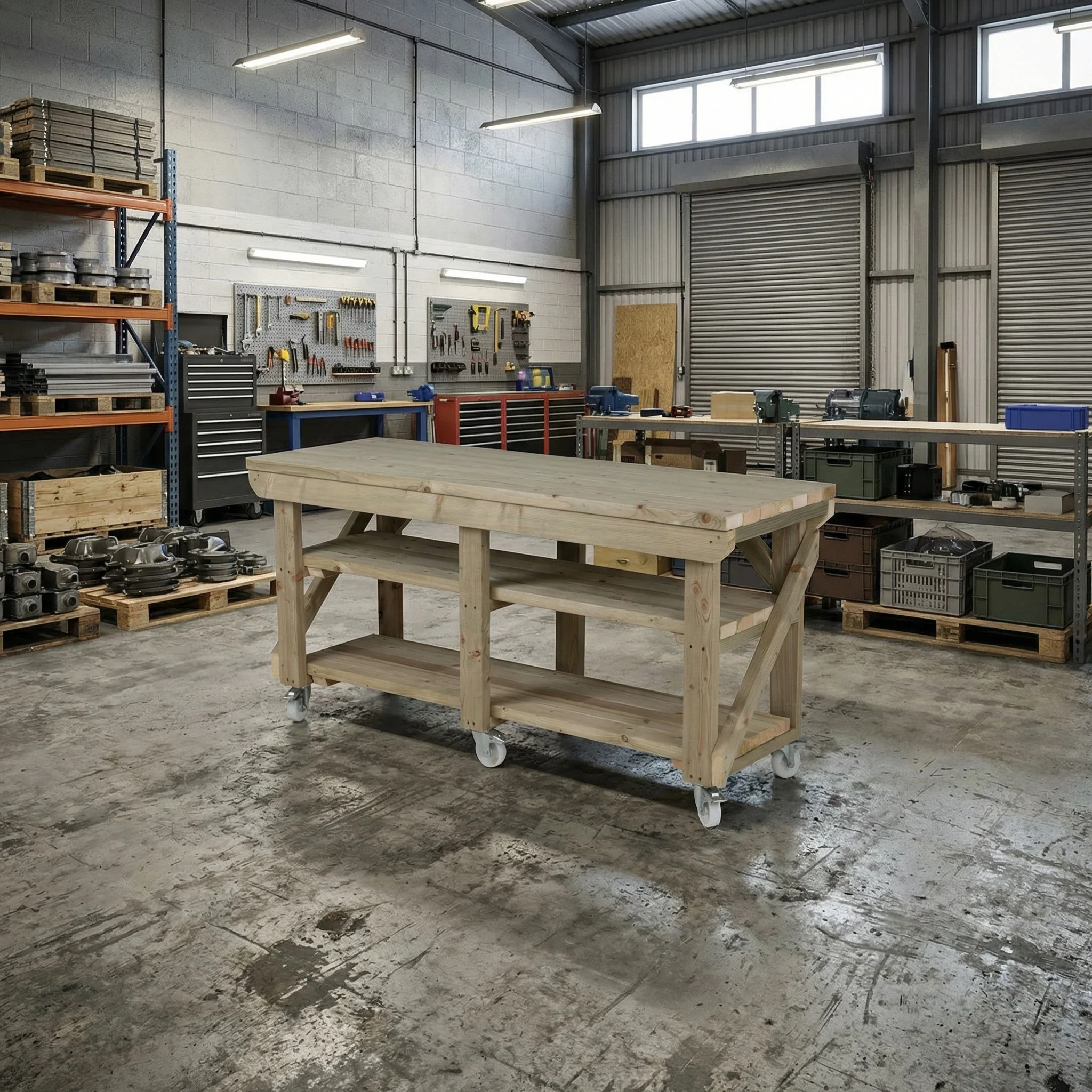Indoor/outdoor workbench, pressure treated bench with double shelf and wheels - Image 6